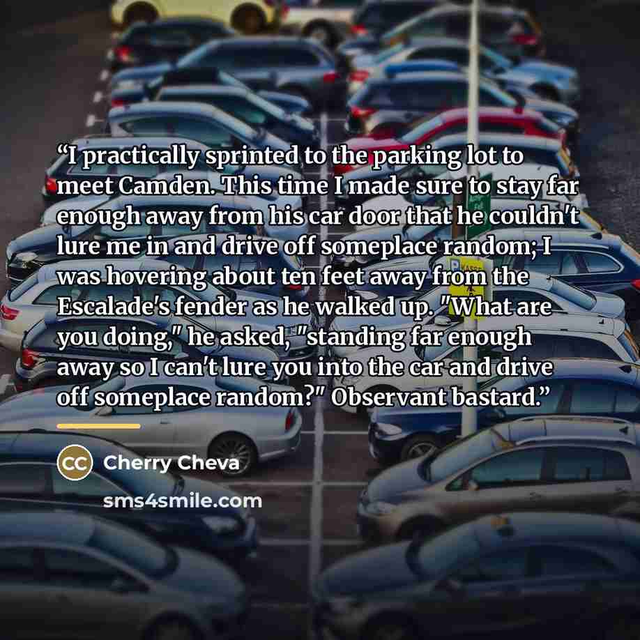 “I practically sprinted to the parking lot to meet Camden. This time I made sure to stay far enough away from his car door that he couldn't lure me in and drive off someplace random; I was hovering about ten feet away from the Escalade's fender as he walked up. "What are you doing," he asked…” quote by Cherry Cheva