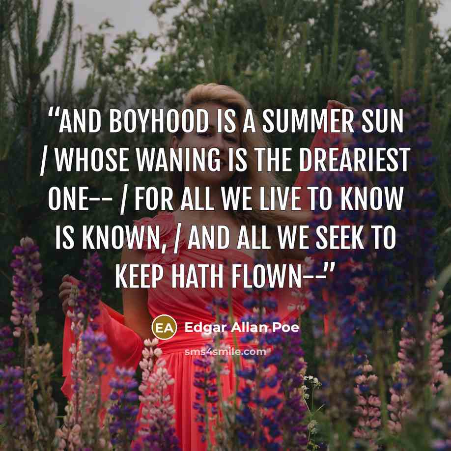 “And boyhood is a summer sun / Whose waning is the dreariest one-- / For all we live to know is known, / And all we seek to keep hath flown--” quote by Edgar Allan Poe