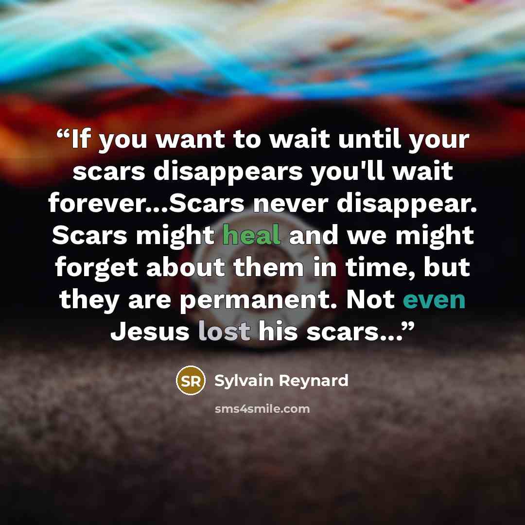 “If you want to wait until your scars disappears you'll wait forever...Scars never disappear. Scars might heal and we might forget about them in time, but they are permanent. Not even Jesus lost his scars...” quote by Sylvain Reynard