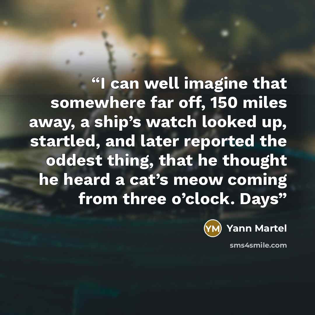 “I can well imagine that somewhere far off, 150 miles away, a ship’s watch looked up, startled, and later reported the oddest thing, that he thought he heard a cat’s meow coming from three o’clock. Days” quote by Yann Martel