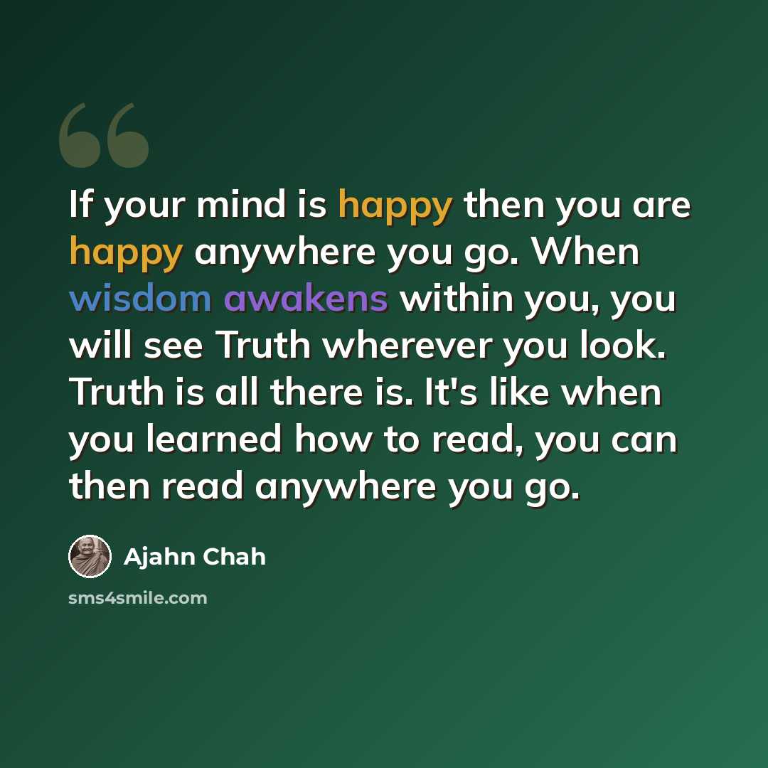 “If your mind is happy then you are happy anywhere you go. When wisdom awakens within you, you will see Truth wherever you look. Truth is all there is. It's like when you learned how to read, you can then read anywhere you go.” quote by Ajahn Chah