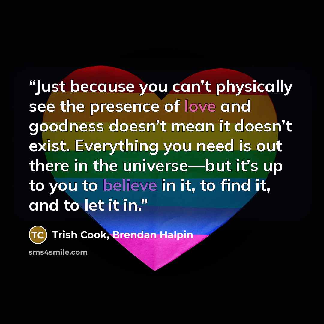 “Just because you can’t physically see the presence of love and goodness doesn’t mean it doesn’t exist. Everything you need is out there in the universe—but it’s up to you to believe in it, to find it, and to let it in.” quote by Trish Cook, Brendan Halpin