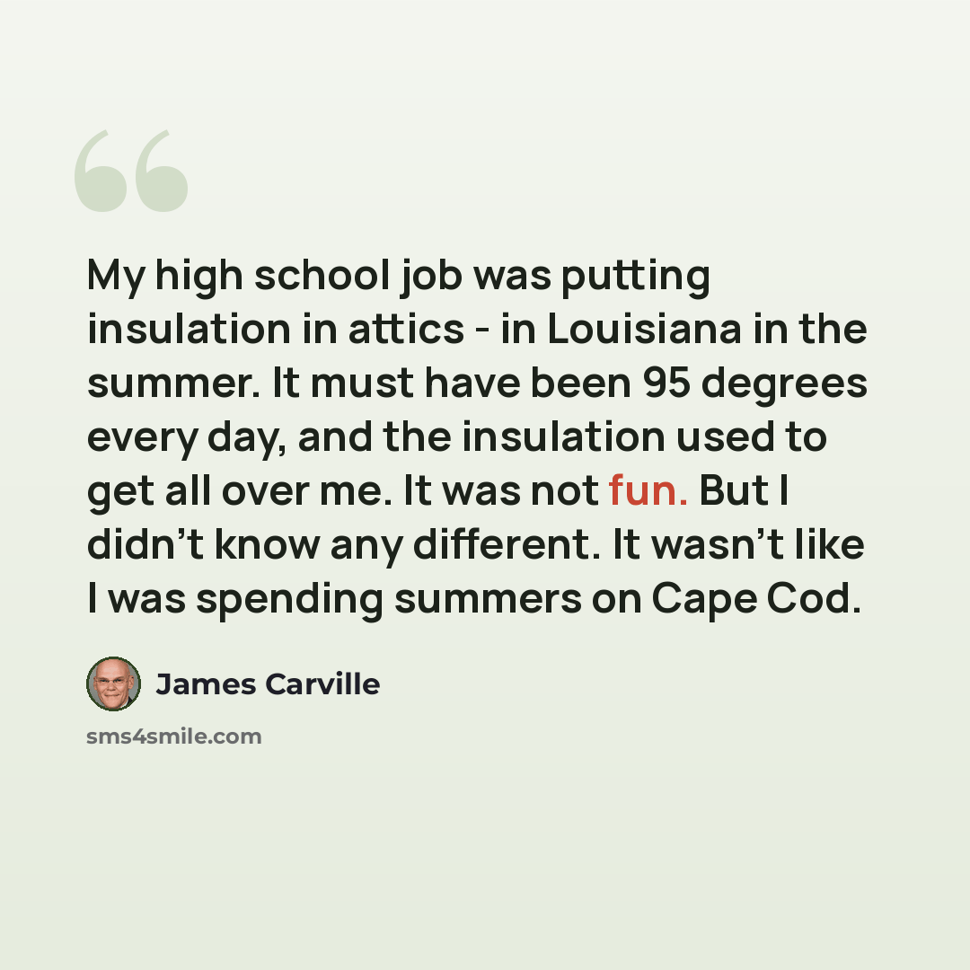 “My high school job was putting insulation in attics - in Louisiana in the summer. It must have been 95 degrees every day, and the insulation used to get all over me. It was not fun. But I didn't know any different. It wasn't like I was spending summers on Cape Cod.” quote by James Carville