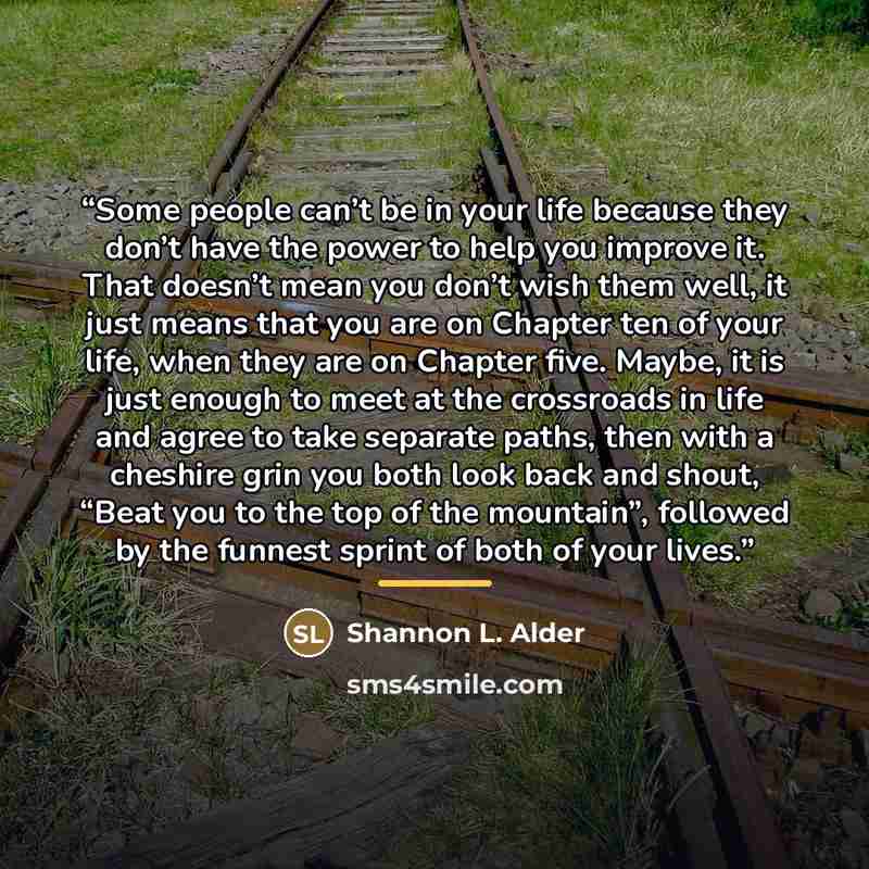 “Some people can’t be in your life because they don’t have the power to help you improve it. That doesn’t mean you don’t wish them well, it just means that you are on Chapter ten of your life, when they are on Chapter five. Maybe, it is just enough to meet at the crossroads in life and agree to…” quote by Shannon L. Alder
