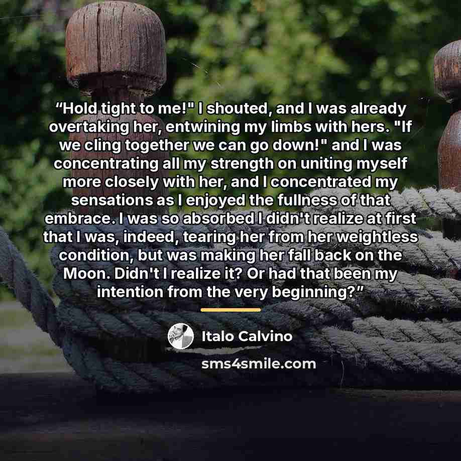 “Hold tight to me!" I shouted, and I was already overtaking her, entwining my limbs with hers. "If we cling together we can go down!" and I was concentrating all my strength on uniting myself more closely with her, and I concentrated my sensations as I enjoyed the fullness of that embrace. I was so…” quote by Italo Calvino