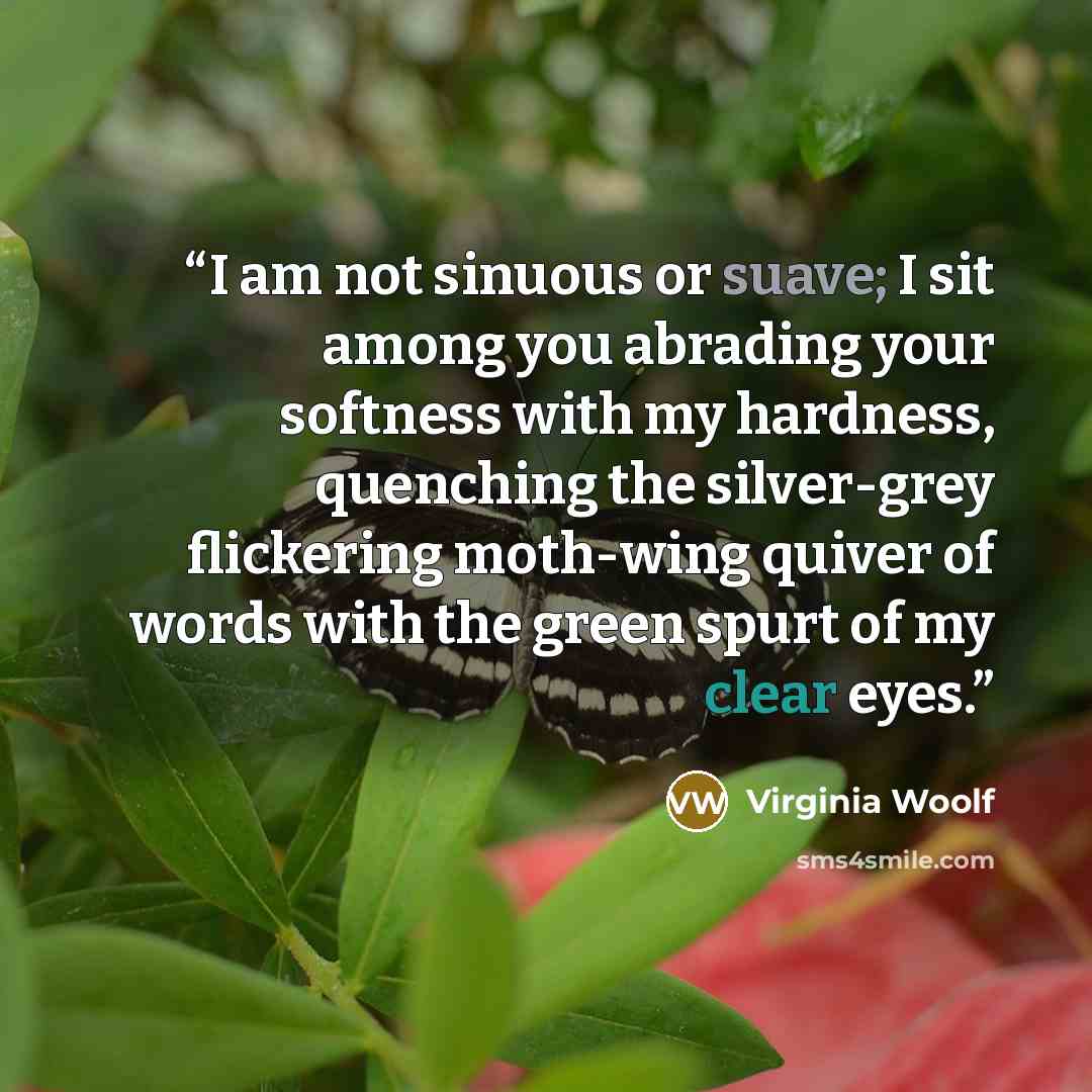 “I am not sinuous or suave; I sit among you abrading your softness with my hardness, quenching the silver-grey flickering moth-wing quiver of words with the green spurt of my clear eyes.” quote by Virginia Woolf
