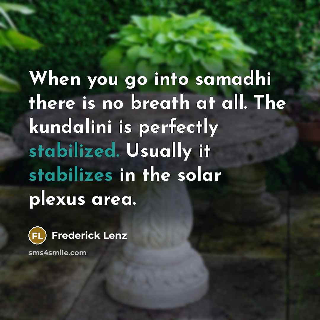 “When you go into samadhi there is no breath at all. The kundalini is perfectly stabilized. Usually it stabilizes in the solar plexus area.” quote by Frederick Lenz
