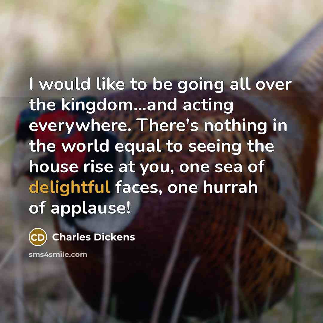 “I would like to be going all over the kingdom...and acting everywhere. There's nothing in the world equal to seeing the house rise at you, one sea of delightful faces, one hurrah of applause!” quote by Charles Dickens