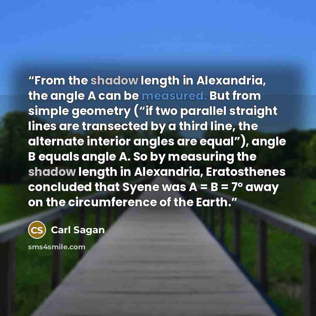 “From the shadow length in Alexandria, the angle A can be measured. But from simple geometry (“if two parallel straight lines are transected by a third line, the alternate interior angles are equal”), angle B equals angle A. So by measuring the shadow length in Alexandria, Eratosthenes concluded…” quote by Carl Sagan