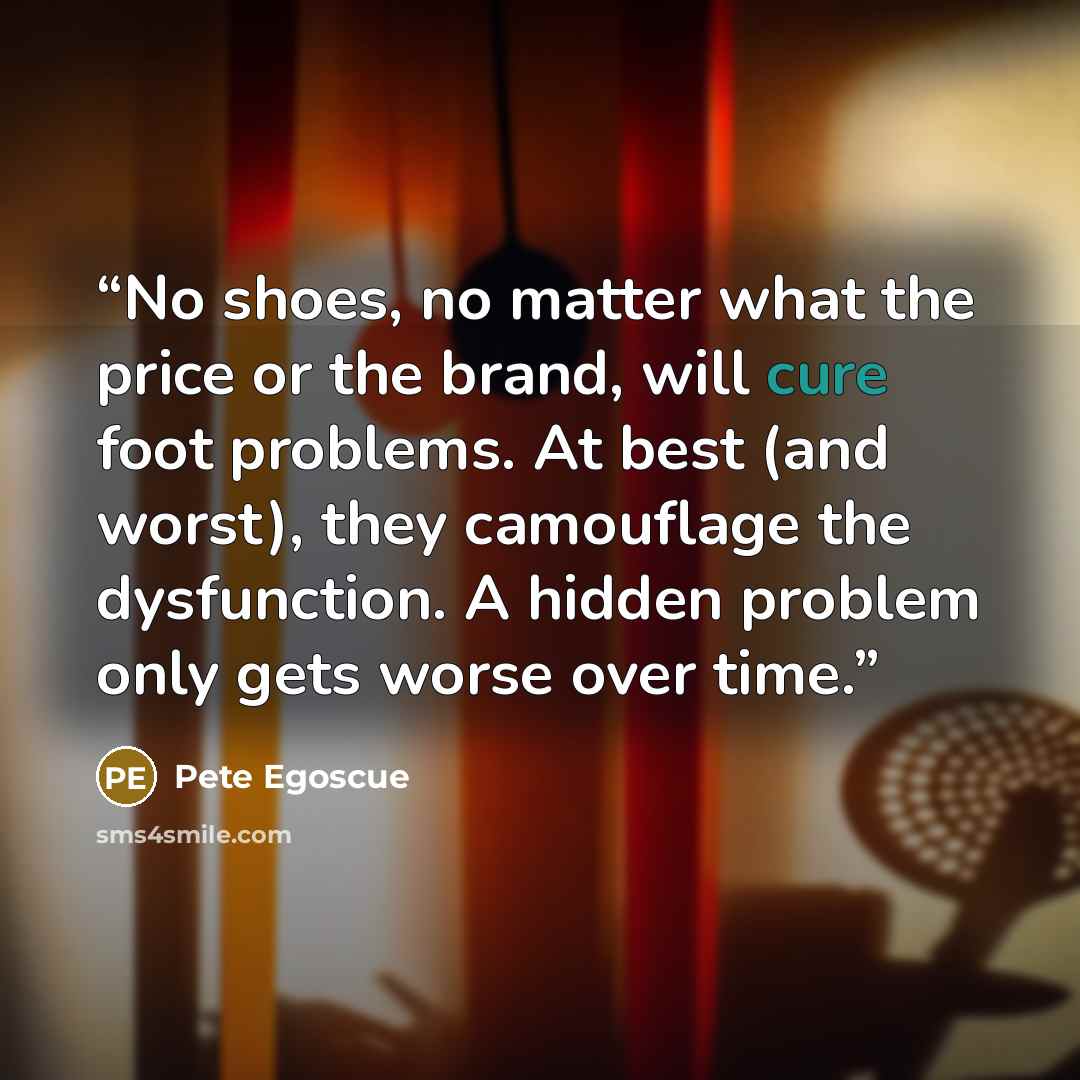 “No shoes, no matter what the price or the brand, will cure foot problems. At best (and worst), they camouflage the dysfunction. A hidden problem only gets worse over time.” quote by Pete Egoscue