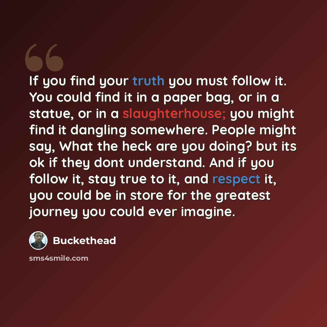 “If you find your truth you must follow it. You could find it in a paper bag, or in a statue, or in a slaughterhouse; you might find it dangling somewhere. People might say, What the heck are you doing? but its ok if they dont understand. And if you follow it, stay true to it, and respect it, you…” quote by Buckethead