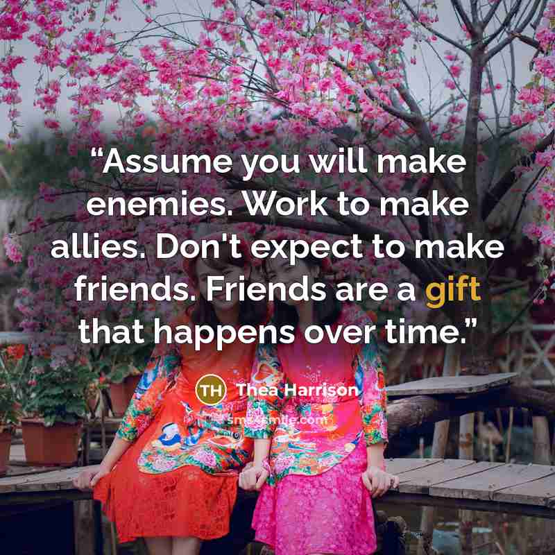 “Assume you will make enemies. Work to make allies. Don't expect to make friends. Friends are a gift that happens over time.” quote by Thea Harrison