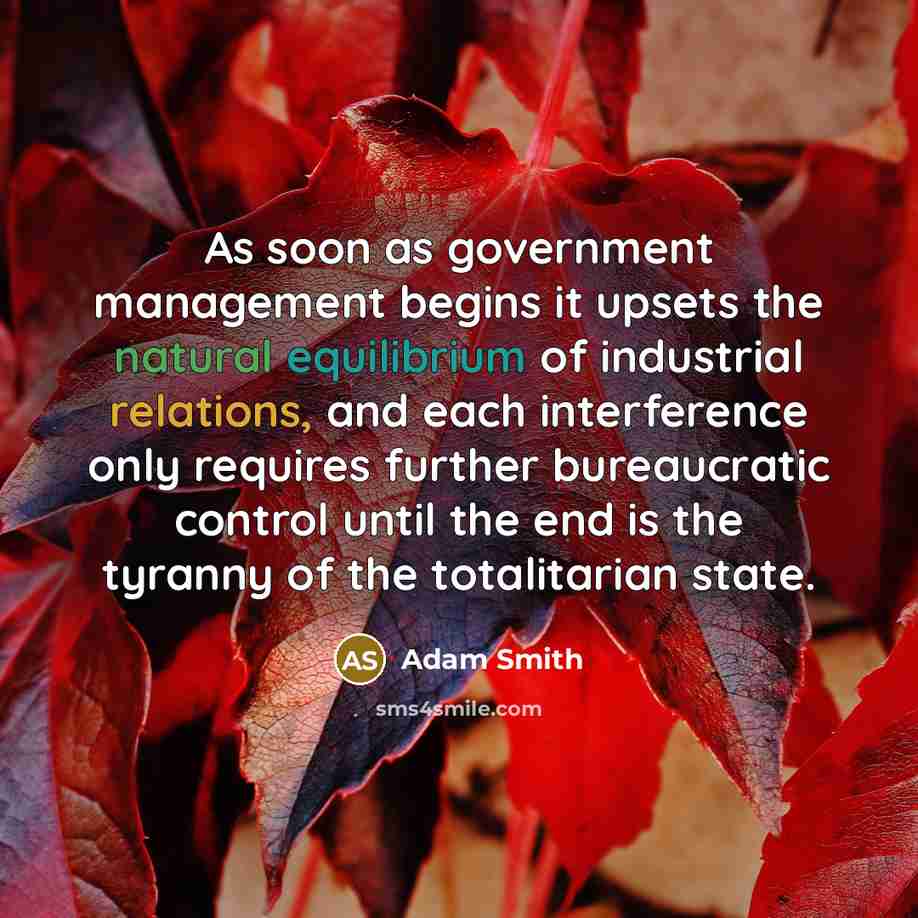 “As soon as government management begins it upsets the natural equilibrium of industrial relations, and each interference only requires further bureaucratic control until the end is the tyranny of the totalitarian state.” quote by Adam Smith
