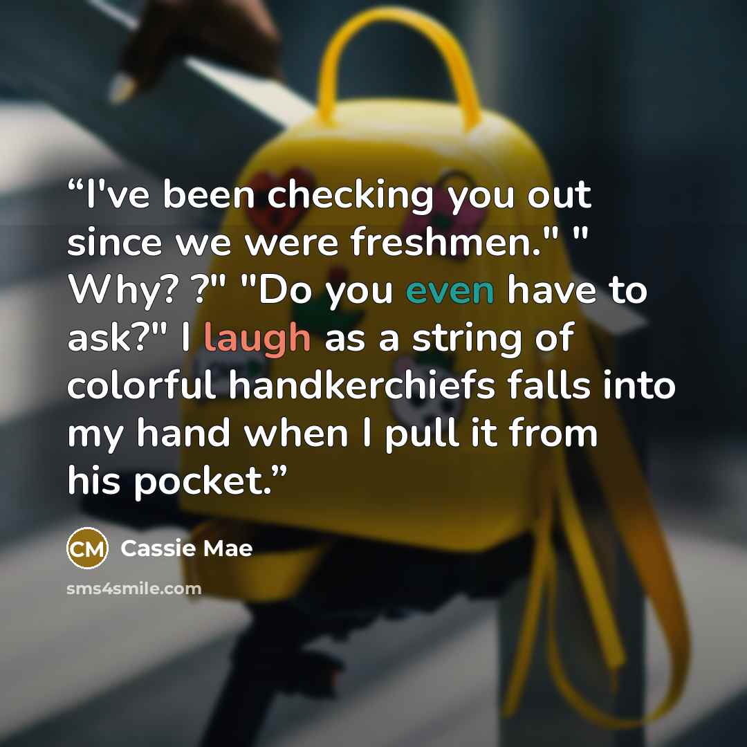 “I've been checking you out since we were freshmen." " Why? ?" "Do you even have to ask?" I laugh as a string of colorful handkerchiefs falls into my hand when I pull it from his pocket.” quote by Cassie Mae