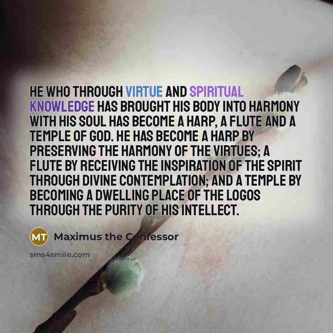 “He who through virtue and spiritual knowledge has brought his body into harmony with his soul has become a harp, a flute and a temple of God. He has become a harp by preserving the harmony of the virtues; a flute by receiving the inspiration of the Spirit through divine contemplation; and a temple…” quote by Maximus the Confessor