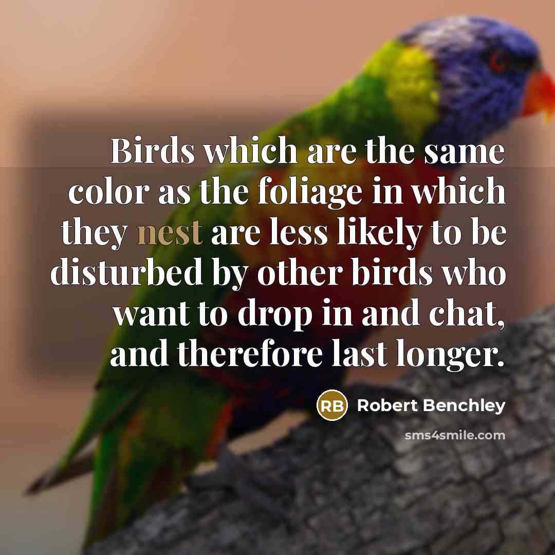 “Birds which are the same color as the foliage in which they nest are less likely to be disturbed by other birds who want to drop in and chat, and therefore last longer.” quote by Robert Benchley