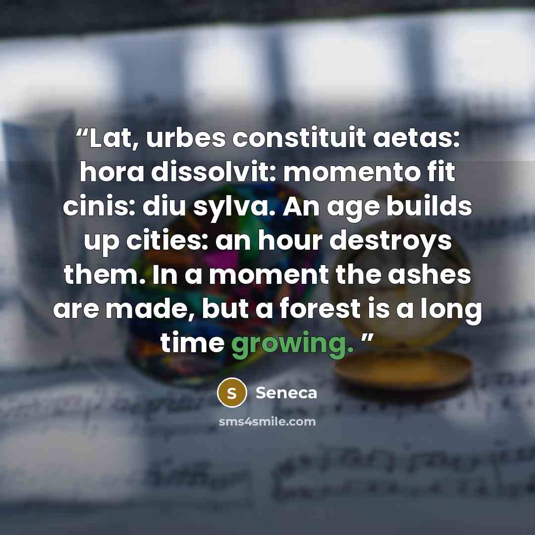 “Lat, urbes constituit aetas: hora dissolvit: momento fit cinis: diu sylva. An age builds up cities: an hour destroys them. In a moment the ashes are made, but a forest is a long time growing.” quote by Seneca