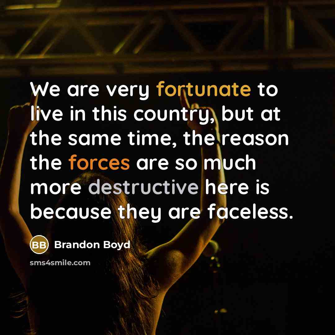 “We are very fortunate to live in this country, but at the same time, the reason the forces are so much more destructive here is because they are faceless.” quote by Brandon Boyd