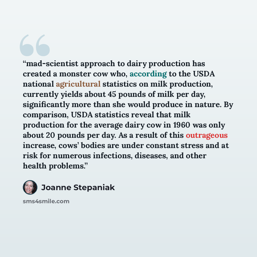 “mad-scientist approach to dairy production has created a monster cow who, according to the USDA national agricultural statistics on milk production, currently yields about 45 pounds of milk per day, significantly more than she would produce in nature. By comparison, USDA statistics reveal that…” quote by Joanne Stepaniak