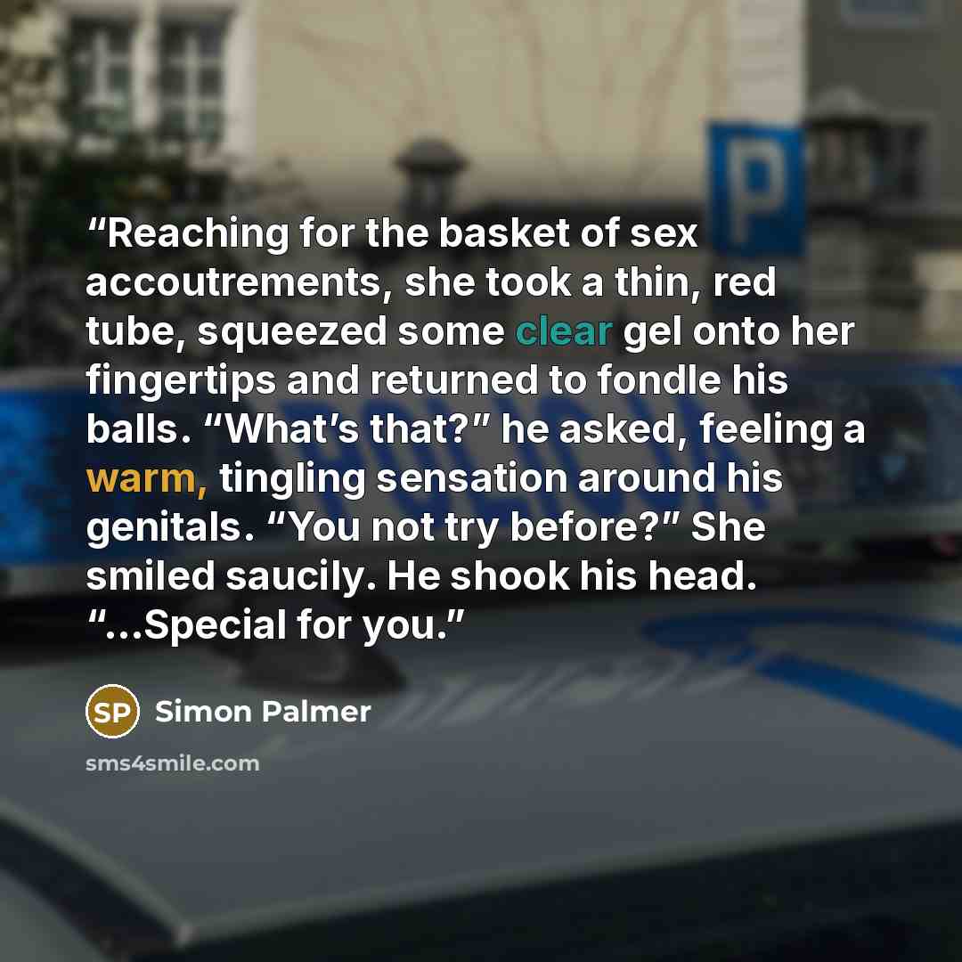 “Reaching for the basket of sex accoutrements, she took a thin, red tube, squeezed some clear gel onto her fingertips and returned to fondle his balls. “What’s that?” he asked, feeling a warm, tingling sensation around his genitals. “You not try before?” She smiled saucily. He shook his head…” quote by Simon Palmer