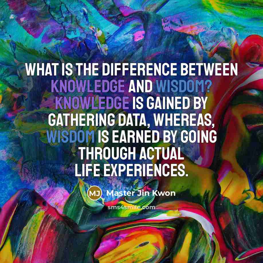 “What is the difference between knowledge and wisdom? Knowledge is gained by gathering data, whereas, Wisdom is earned by going through actual life experiences.” quote by Master Jin Kwon
