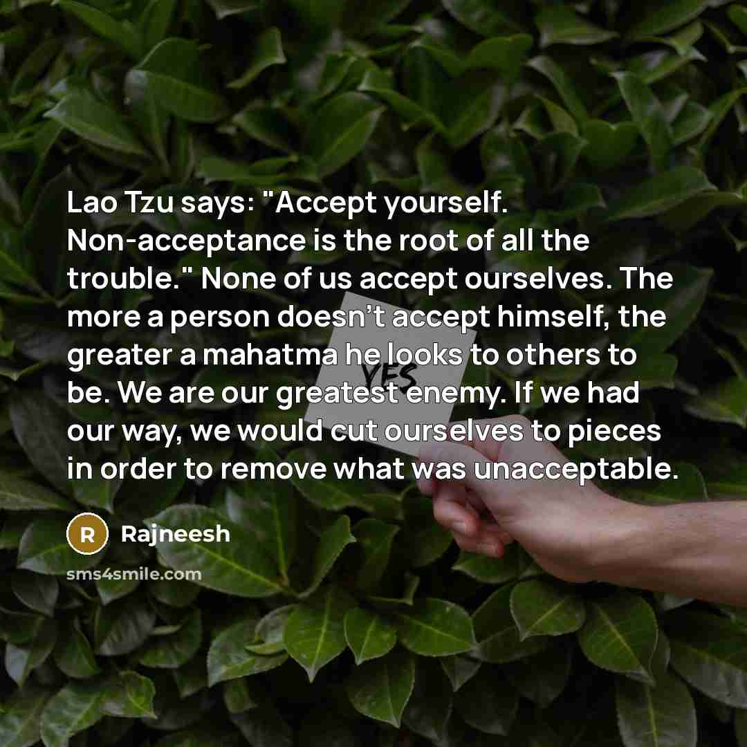 “Lao Tzu says: "Accept yourself. Non-acceptance is the root of all the trouble." None of us accept ourselves. The more a person doesn't accept himself, the greater a mahatma he looks to others to be. We are our greatest enemy. If we had our way, we would cut ourselves to pieces in order to remove…” quote by Rajneesh