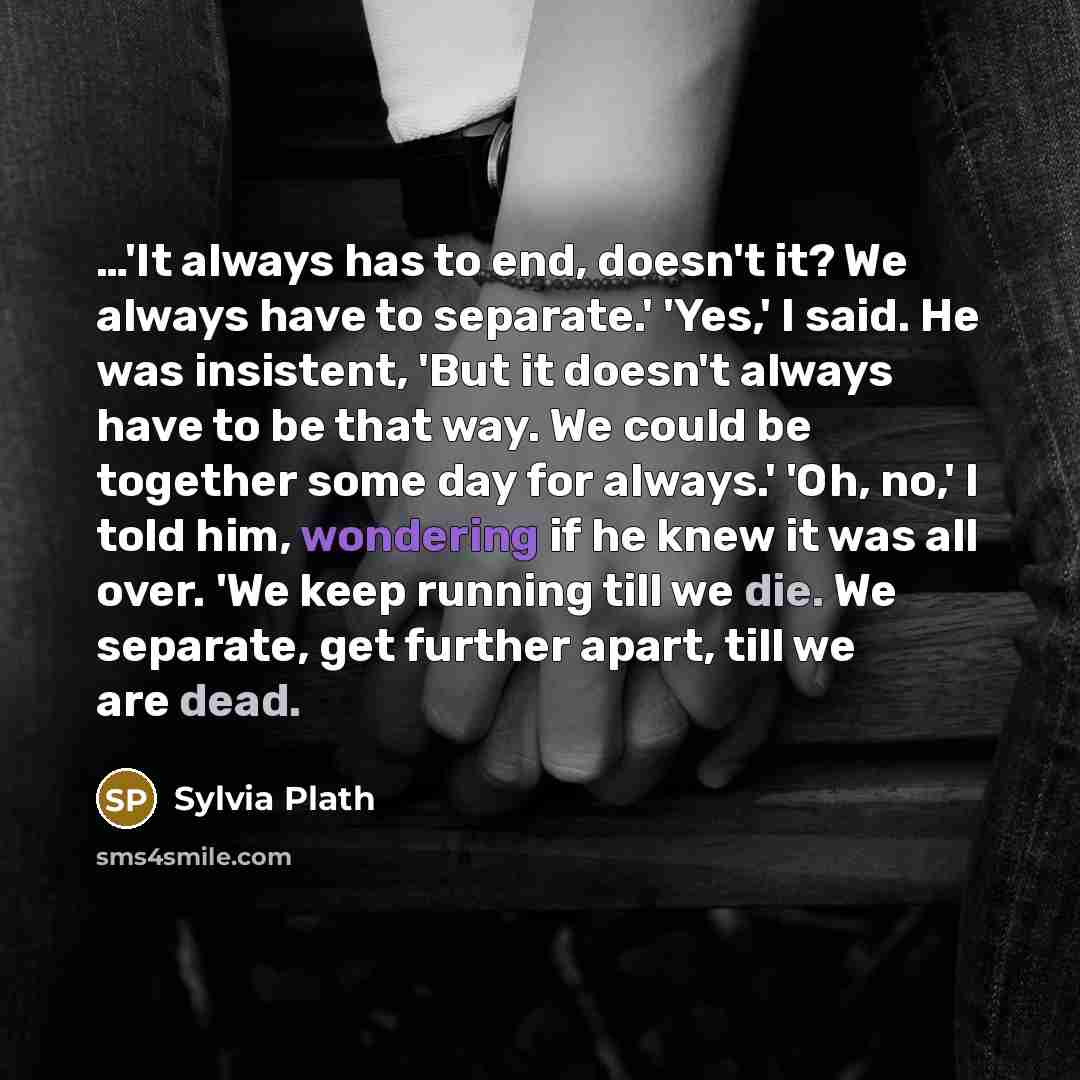 “…'It always has to end, doesn't it? We always have to separate.' 'Yes,' I said. He was insistent, 'But it doesn't always have to be that way. We could be together some day for always.' 'Oh, no,' I told him, wondering if he knew it was all over. 'We keep running till we die. We separate, get…” quote by Sylvia Plath