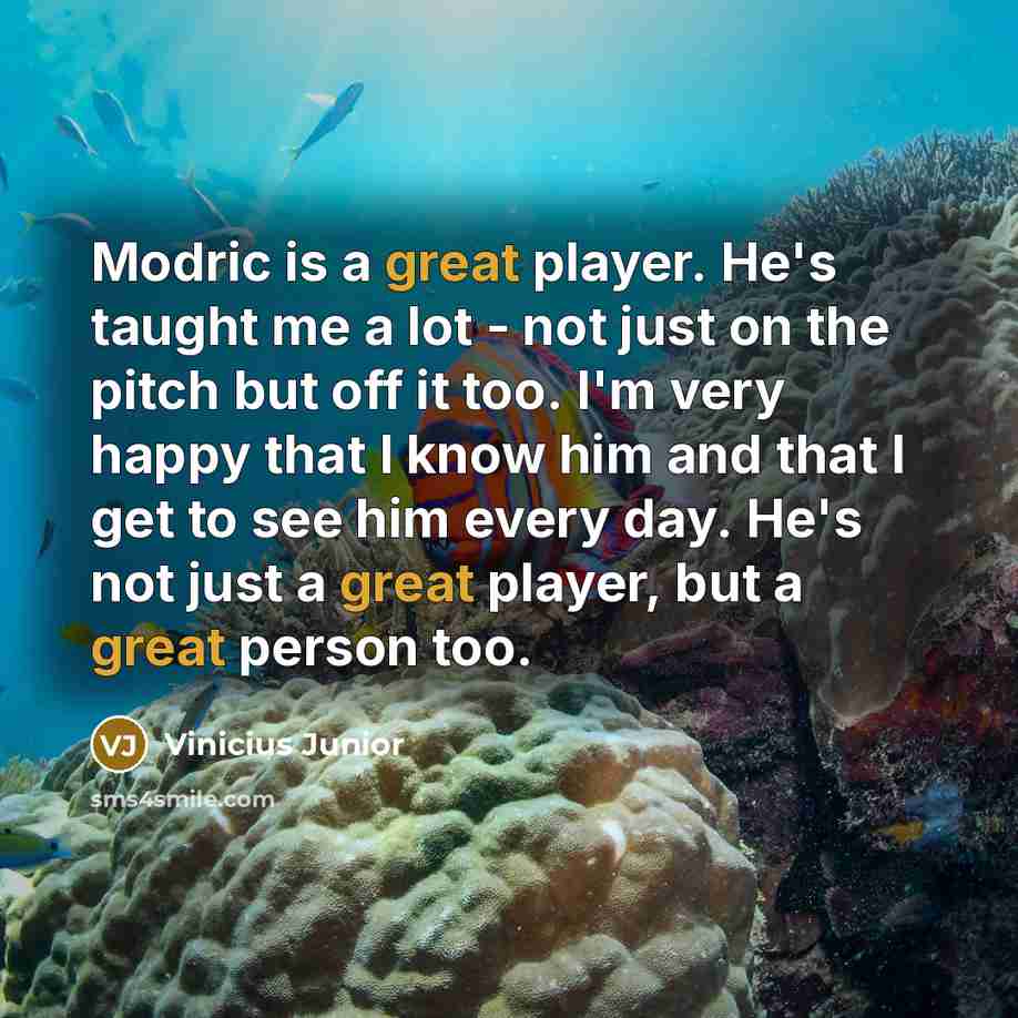 “Modric is a great player. He's taught me a lot - not just on the pitch but off it too. I'm very happy that I know him and that I get to see him every day. He's not just a great player, but a great person too.” quote by Vinicius Junior