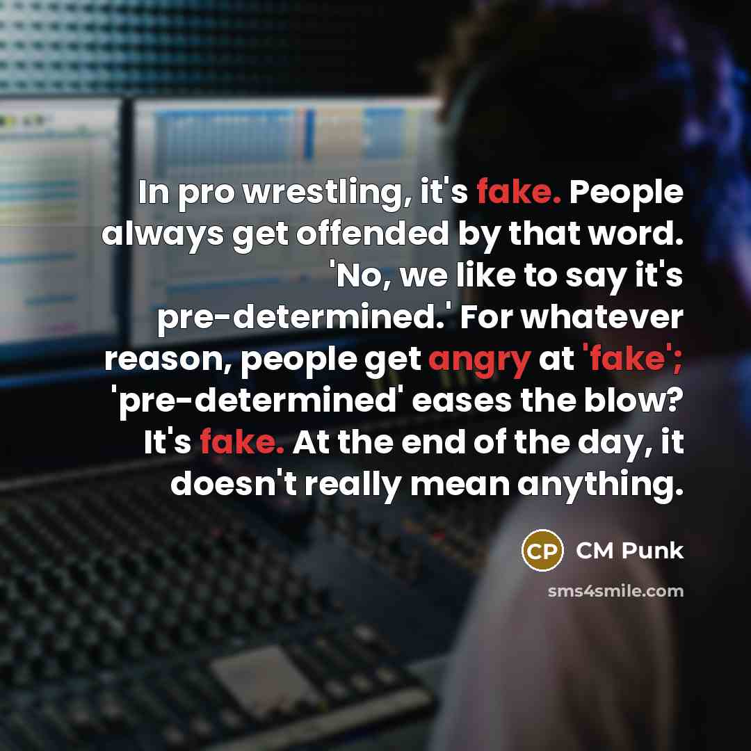 “In pro wrestling, it's fake. People always get offended by that word. 'No, we like to say it's pre-determined.' For whatever reason, people get angry at 'fake'; 'pre-determined' eases the blow? It's fake. At the end of the day, it doesn't really mean anything.” quote by CM Punk