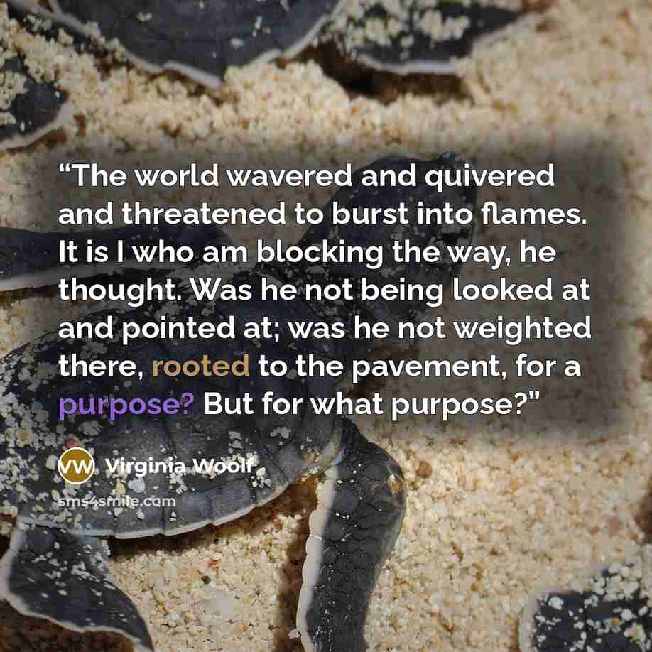 “The world wavered and quivered and threatened to burst into flames. It is I who am blocking the way, he thought. Was he not being looked at and pointed at; was he not weighted there, rooted to the pavement, for a purpose? But for what purpose?” quote by Virginia Woolf