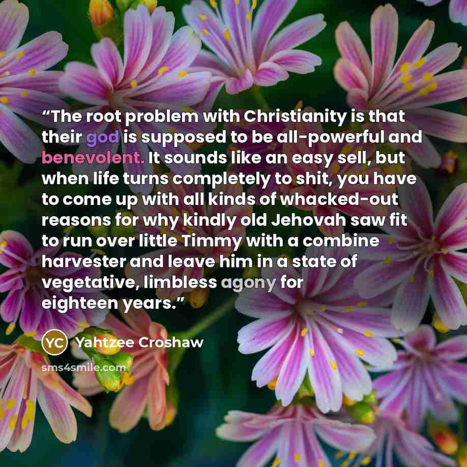 “The root problem with Christianity is that their god is supposed to be all-powerful and benevolent. It sounds like an easy sell, but when life turns completely to shit, you have to come up with all kinds of whacked-out reasons for why kindly old Jehovah saw fit to run over little Timmy with a…” quote by Yahtzee Croshaw