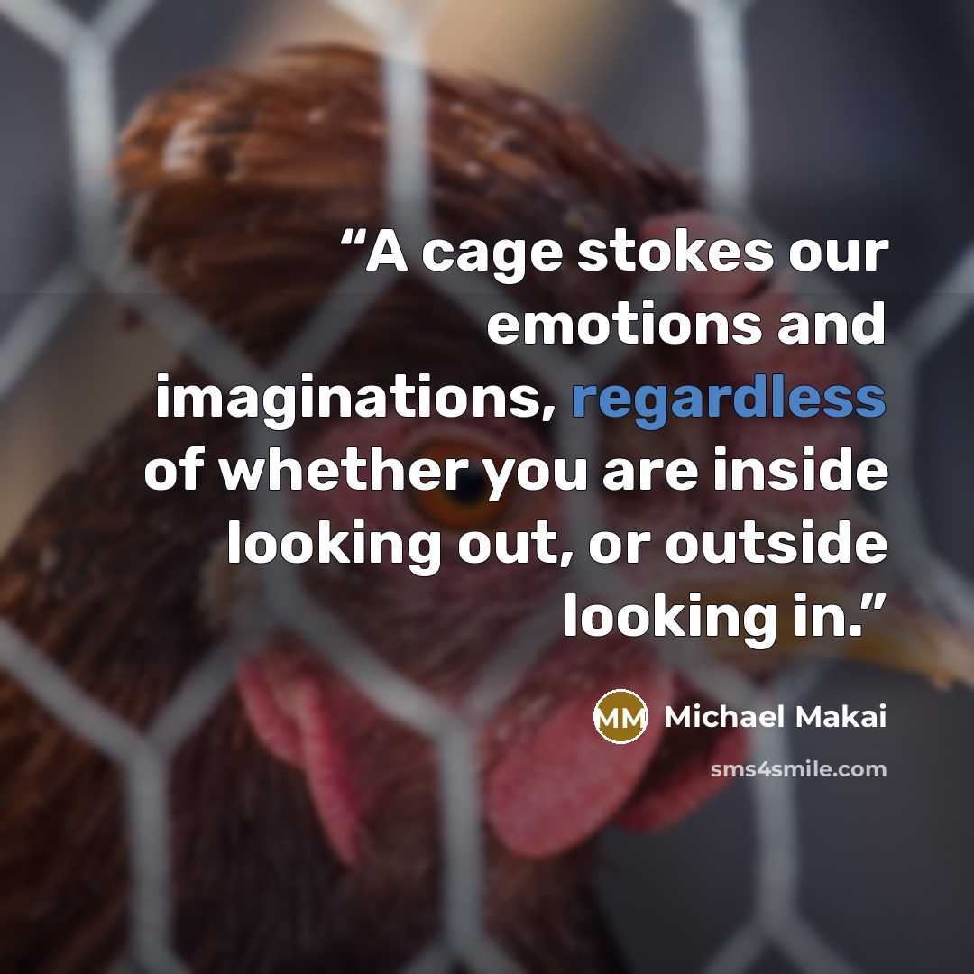 “A cage stokes our emotions and imaginations, regardless of whether you are inside looking out, or outside looking in.” quote by Michael Makai
