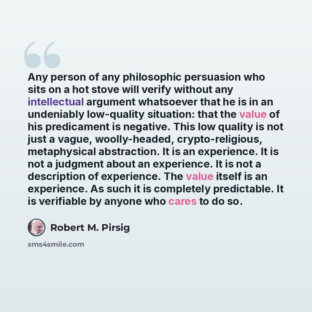 “Any person of any philosophic persuasion who sits on a hot stove will verify without any intellectual argument whatsoever that he is in an undeniably low-quality situation: that the value of his predicament is negative. This low quality is not just a vague, woolly-headed, crypto-religious…” quote by Robert M. Pirsig
