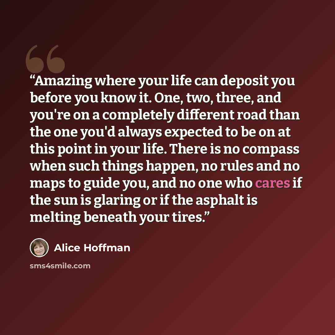 “Amazing where your life can deposit you before you know it. One, two, three, and you're on a completely different road than the one you'd always expected to be on at this point in your life. There is no compass when such things happen, no rules and no maps to guide you, and no one who cares if the…” quote by Alice Hoffman