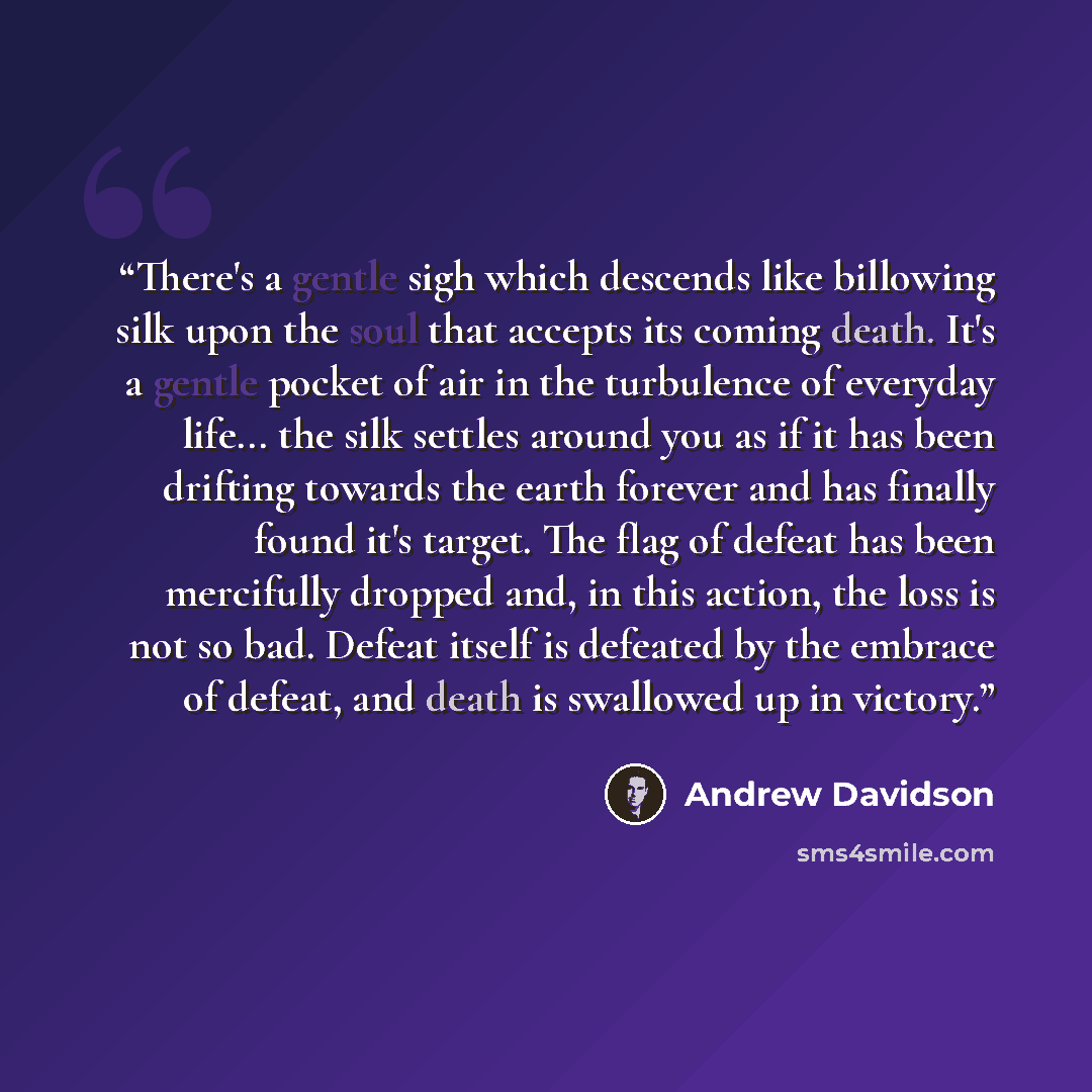 “There's a gentle sigh which descends like billowing silk upon the soul that accepts its coming death. It's a gentle pocket of air in the turbulence of everyday life... the silk settles around you as if it has been drifting towards the earth forever and has finally found it's target. The flag of…” quote by Andrew Davidson