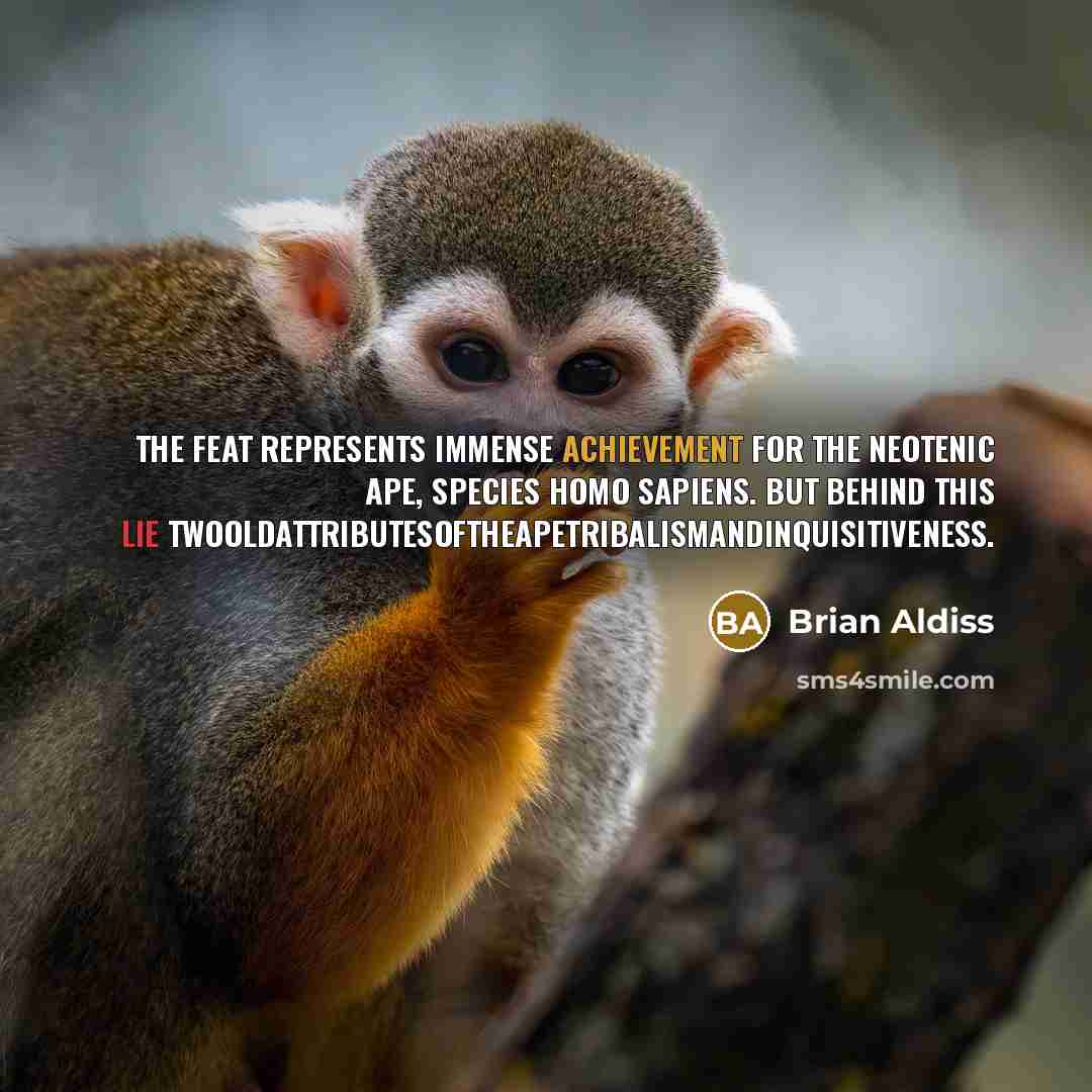 “The feat represents immense achievement for the neotenic ape, species Homo sapiens. But behind this lie twooldattributesoftheapetribalismandinquisitiveness.” quote by Brian Aldiss