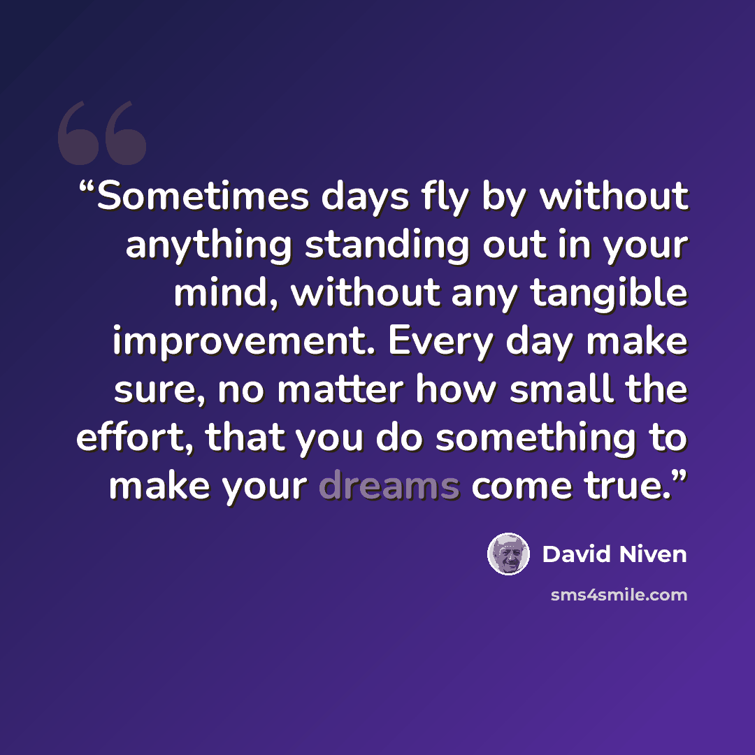 “Sometimes days fly by without anything standing out in your mind, without any tangible improvement. Every day make sure, no matter how small the effort, that you do something to make your dreams come true.” quote by David Niven