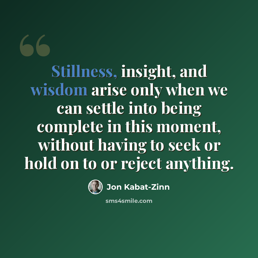 “Stillness, insight, and wisdom arise only when we can settle into being complete in this moment, without having to seek or hold on to or reject anything.” quote by Jon Kabat-Zinn
