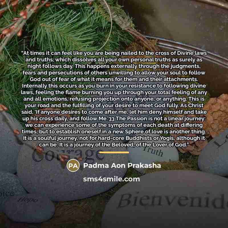 “At times it can feel like you are being nailed to the cross of Divine laws and truths, which dissolves all your own personal truths as surely as night follows day. This happens externally through the judgments, fears and persecutions of others unwilling to allow your soul to follow God out of fear…” quote by Padma Aon Prakasha