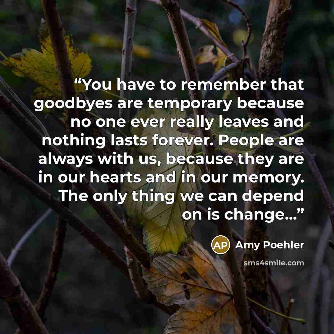 “You have to remember that goodbyes are temporary because no one ever really leaves and nothing lasts forever. People are always with us, because they are in our hearts and in our memory. The only thing we can depend on is change...” quote by Amy Poehler