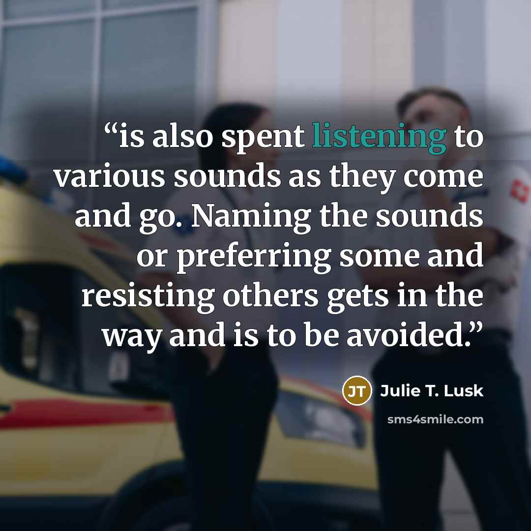 “is also spent listening to various sounds as they come and go. Naming the sounds or preferring some and resisting others gets in the way and is to be avoided.” quote by Julie T. Lusk