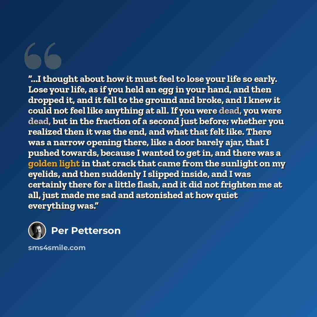 “...I thought about how it must feel to lose your life so early. Lose your life, as if you held an egg in your hand, and then dropped it, and it fell to the ground and broke, and I knew it could not feel like anything at all. If you were dead, you were dead, but in the fraction of a second just…” quote by Per Petterson