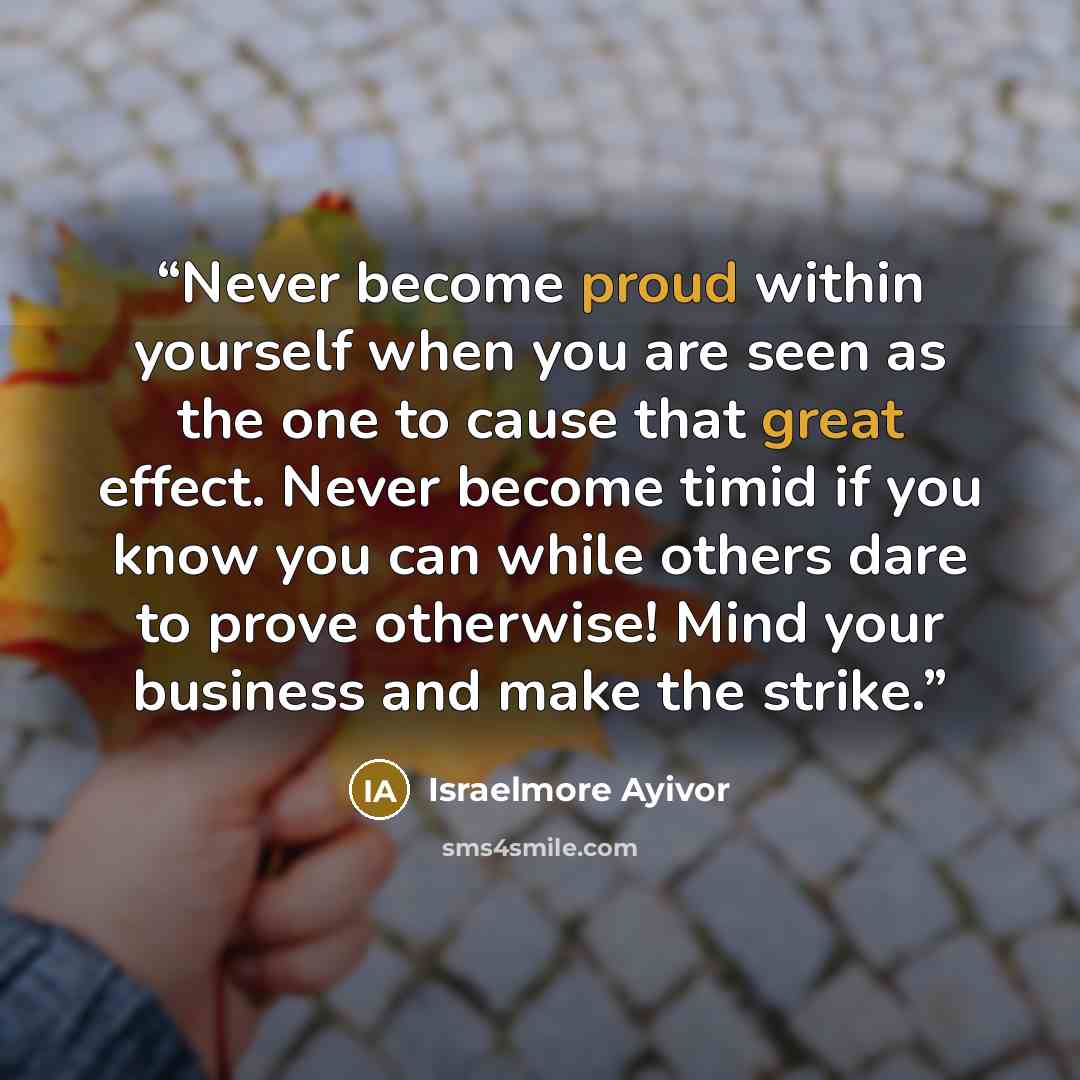 “Never become proud within yourself when you are seen as the one to cause that great effect. Never become timid if you know you can while others dare to prove otherwise! Mind your business and make the strike.” quote by Israelmore Ayivor