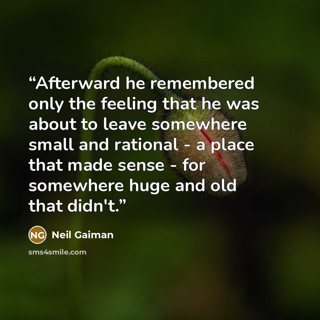 “Afterward he remembered only the feeling that he was about to leave somewhere small and rational - a place that made sense - for somewhere huge and old that didn't.” quote by Neil Gaiman