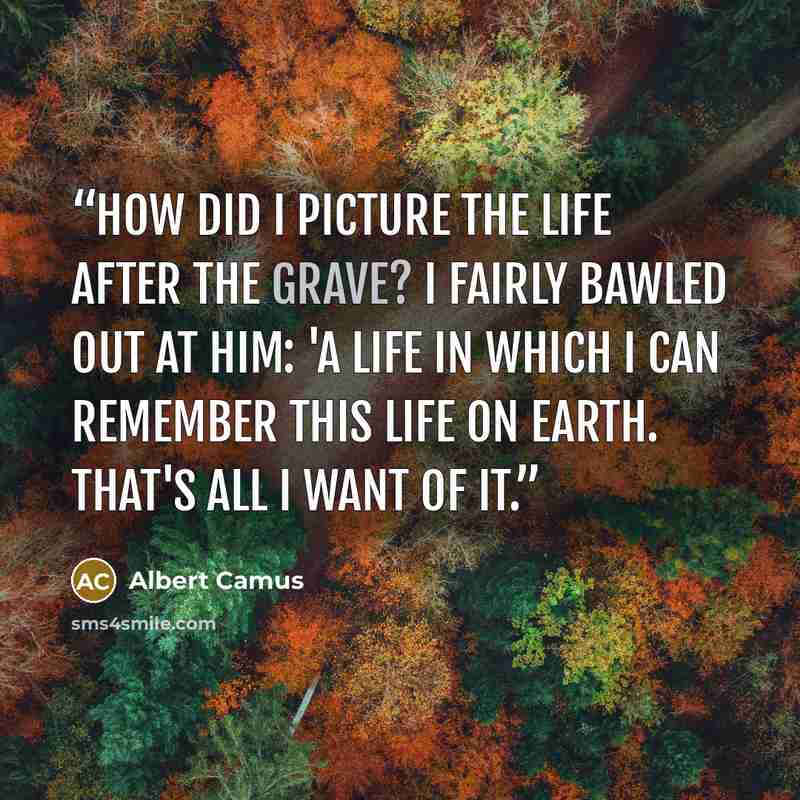 “How did I picture the life after the grave? I Fairly bawled out at him: 'A life in which I can remember this life on earth. That's all I want of it.” quote by Albert Camus