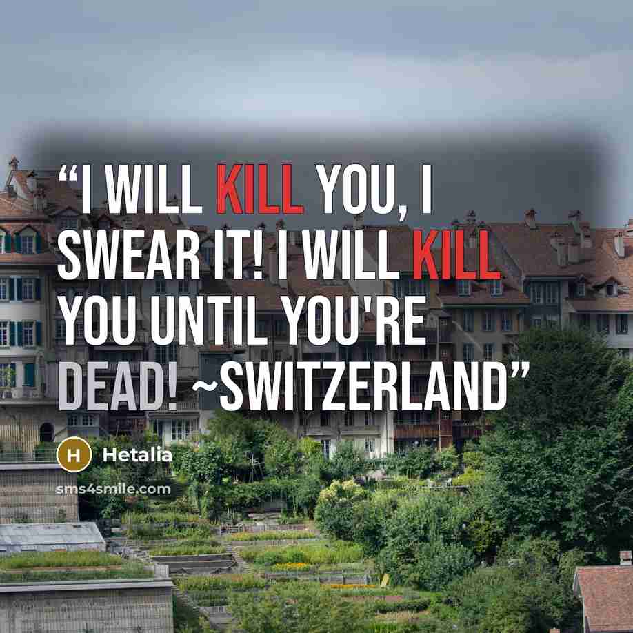 “I will kill you, I swear it! I will kill you until you're dead! ~Switzerland” quote by Hetalia