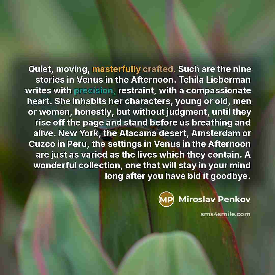 “Quiet, moving, masterfully crafted. Such are the nine stories in Venus in the Afternoon. Tehila Lieberman writes with precision, restraint, with a compassionate heart. She inhabits her characters, young or old, men or women, honestly, but without judgment, until they rise off the page and stand…” quote by Miroslav Penkov