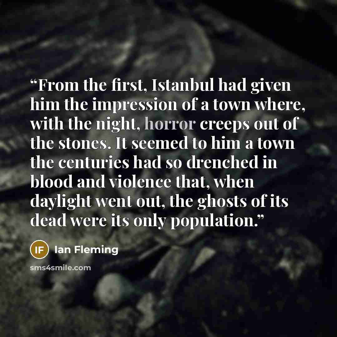 “From the first, Istanbul had given him the impression of a town where, with the night, horror creeps out of the stones. It seemed to him a town the centuries had so drenched in blood and violence that, when daylight went out, the ghosts of its dead were its only population.” quote by Ian Fleming