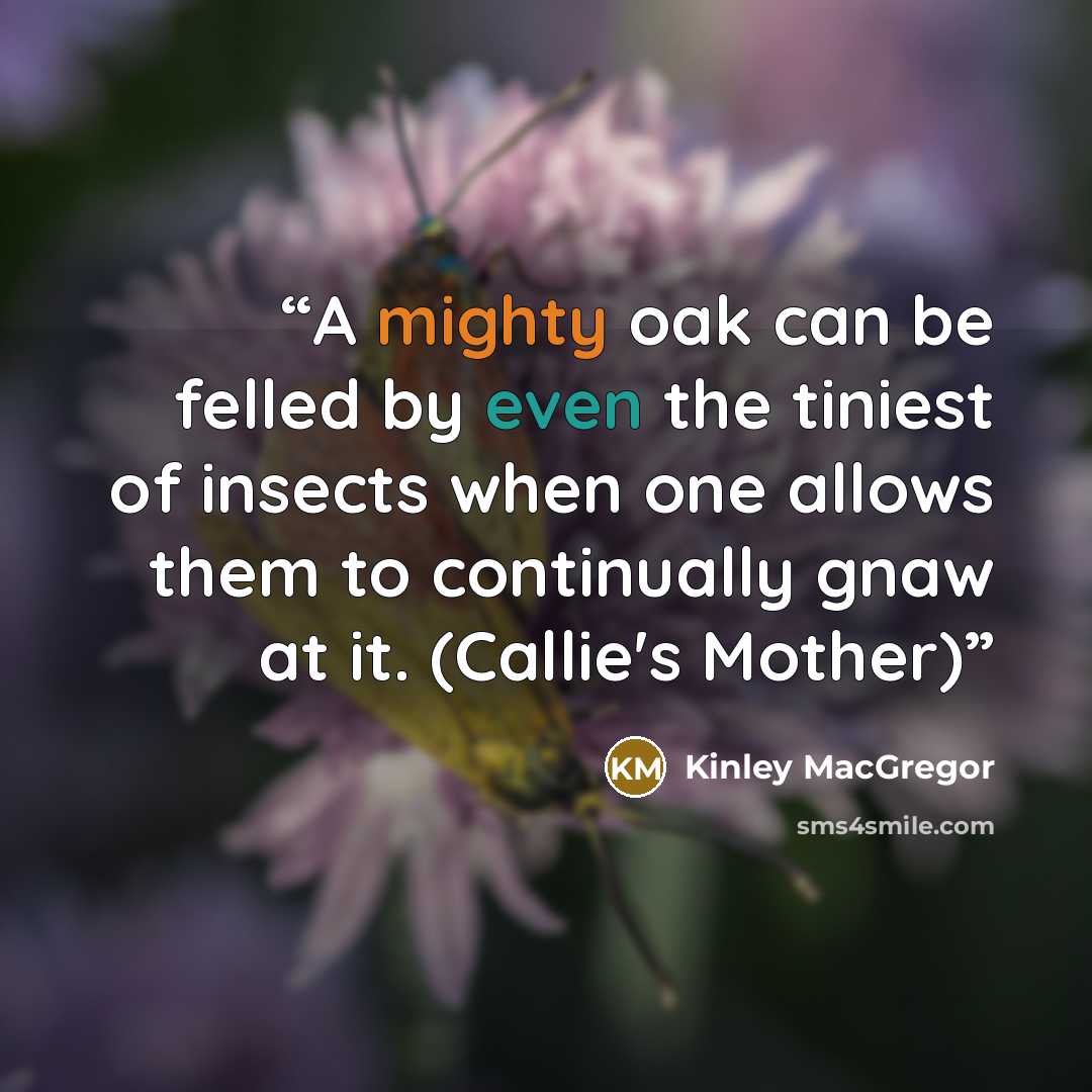 “A mighty oak can be felled by even the tiniest of insects when one allows them to continually gnaw at it. (Callie's Mother)” quote by Kinley MacGregor