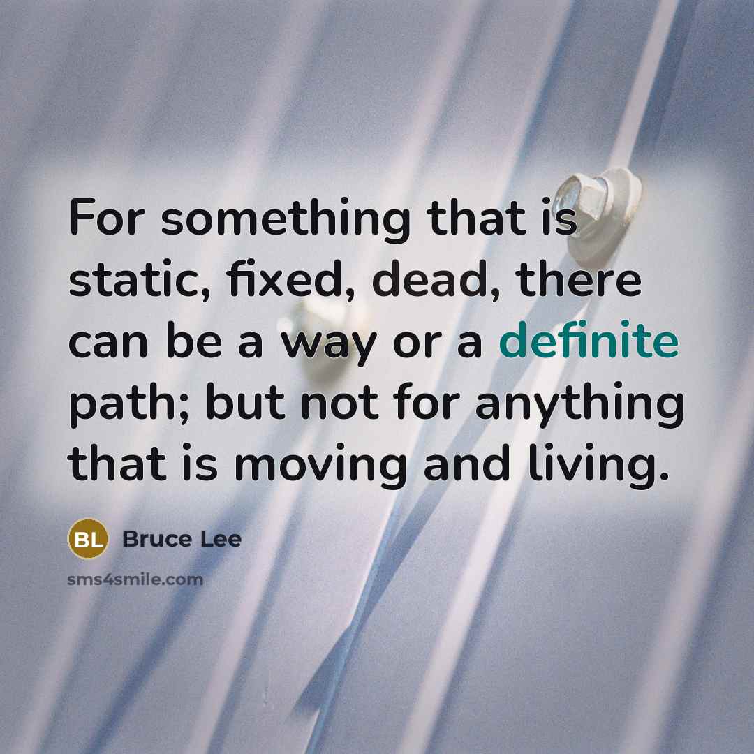 “For something that is static, fixed, dead, there can be a way or a definite path; but not for anything that is moving and living.” quote by Bruce Lee